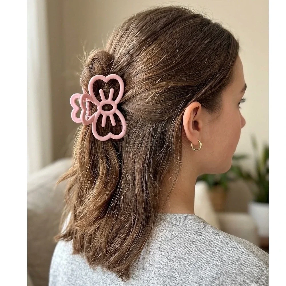 Matte Pink Butterfly Heart Hair Claw Clip Large Butterfly Jaw Clip Accessory
